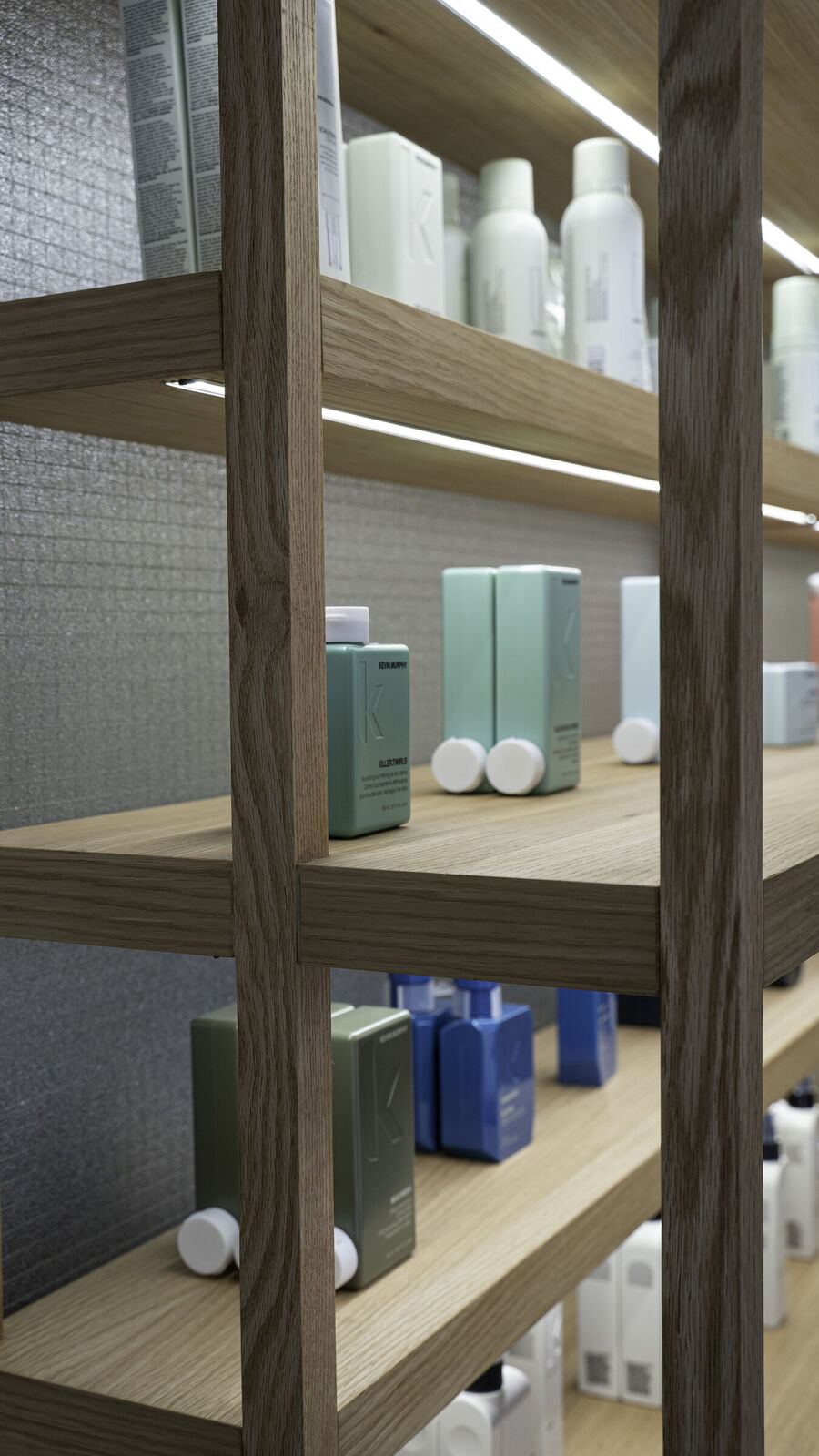 Oak shelving with products, Cut & Shout