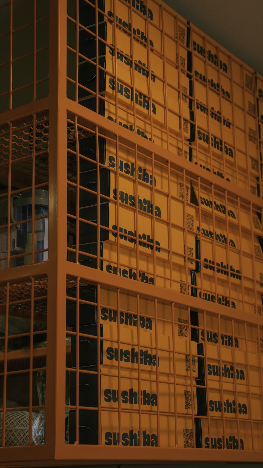Powder-coated mesh shelving with boxes, Sushiba